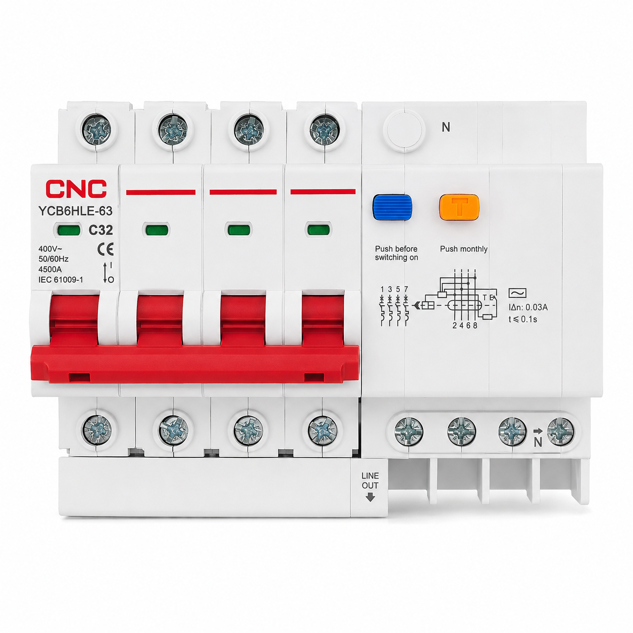 CNC RCBO YCB6HLE-63 4P+N RCCB Circuit Breaker - Image 2