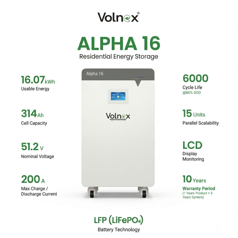 Volnex Alpha 16 Residential Low Voltage LiFePO4 Battery 16.08kWh 51.2V 314Ah