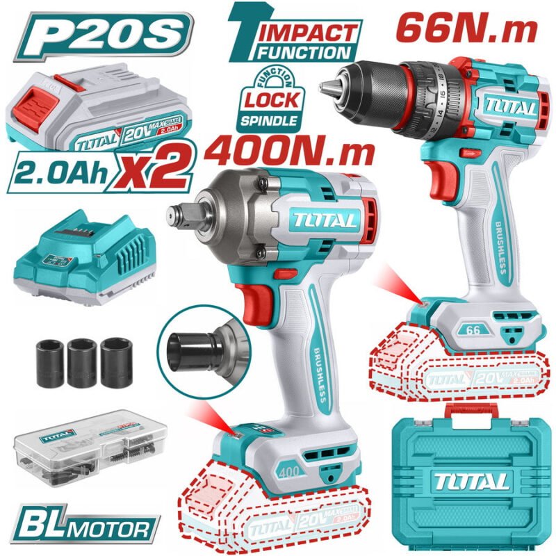 TOTAL 20V Cordless 2Pcs Combo Kit (TCKLI20275) – Drill Machine + Impact Wrench Set with Lithium-Ion Battery