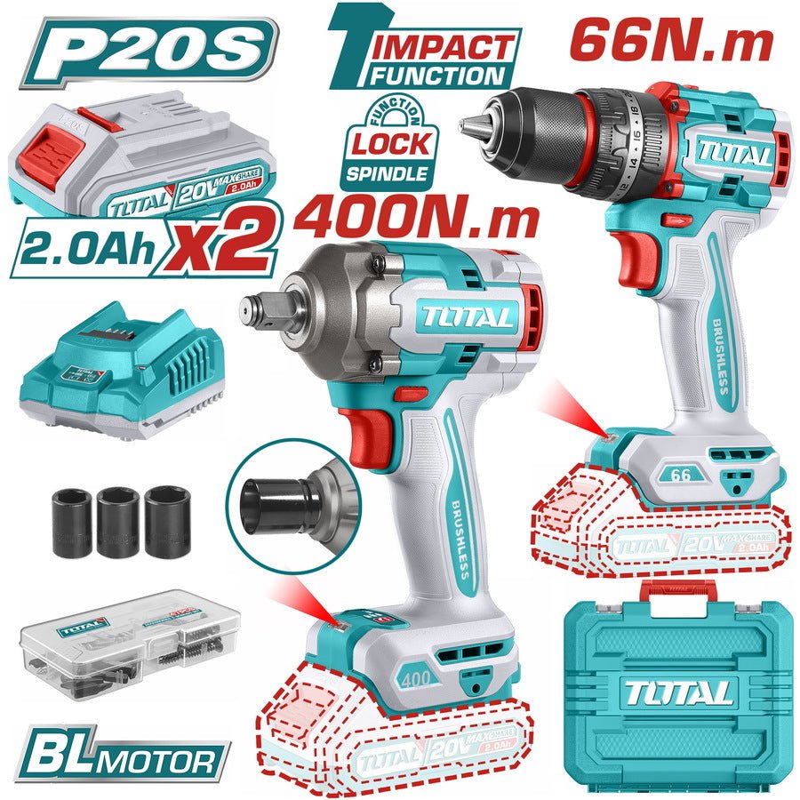 TOTAL 20V Cordless 2Pcs Combo Kit (TCKLI20275) – Drill Machine + Impact Wrench Set with Lithium-Ion Battery