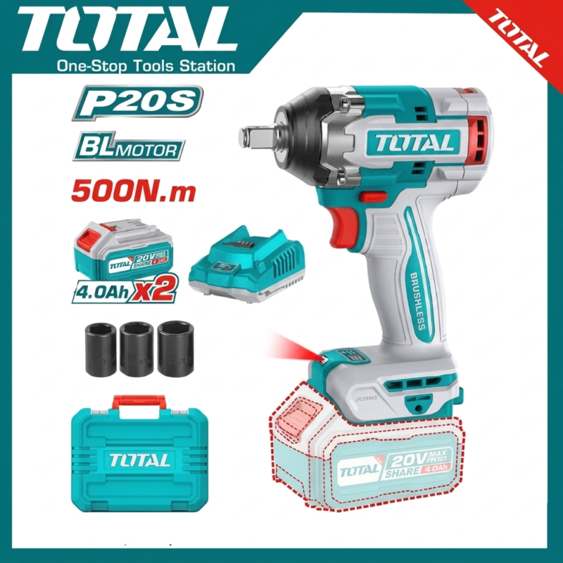TOTAL 20V Lithium-Ion Impact Wrench 500Nm (TIWLI2050) – High Torque Cordless 1/2" Drive Power Tool